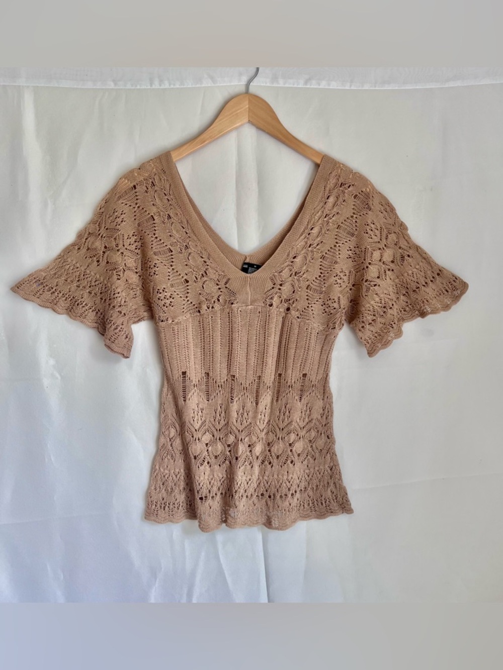Take Out Women’s Girls Crochet Knit V-Neck Flutter Sleeve Sweater Top Size M